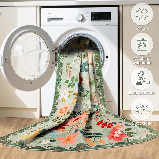 PLHXFR Area Rug Living Room: 5x7 Floral Washable Boho Soft Carpet Green | For Bedroom Dining Room Farmhouse Nursery Hallway,Vintage Floral,Machine washable,Non Slip,Stain Resistant,Large Indoor