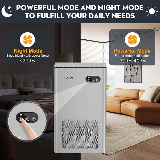 ToLife Dehumidifier, 1000 Sq Ft 95 oz Tank with Sleep Mode, Auto Shutoff | Portable for Home, Bedroom, Bathroom and Basement with 7-Color LED Light, Silver