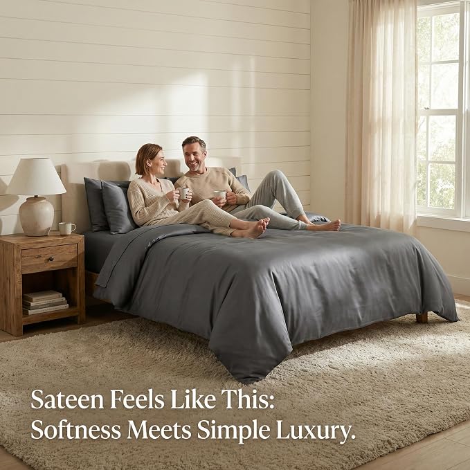 HeimenAogo Egyptian Cotton Duvet Cover Queen Size Sateen Weave, Silky Soft and Breathable Bedding Set with Zipper Closure, Long Staple Cotton Bed Linen Stormy Grey 3Pcs (90"×90")