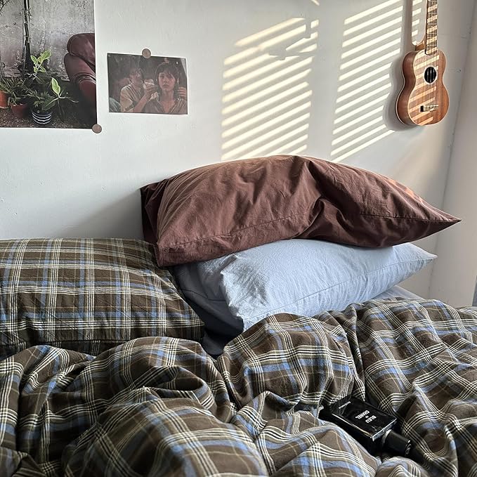 mixinni Vintage Buffalo Plaid Duvet Cover Set Queen Size - 3 Piece Washed Cotton Bedding Set with Grid Pattern, Soft & Breathable Duvet Cover with Pillowcases for All Seasons,(Brown & Blue,Beige)