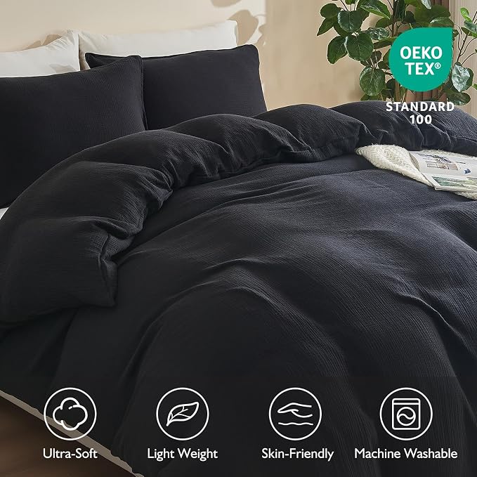 EMME Muslin Cotton Duvet Cover Set Twin Size Black Linen Like Soft Breathable Lightweight Summer Comforter Cover Set with Zipper Closure (Black, Twin, 68"x90")