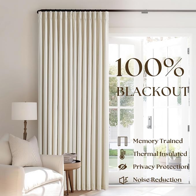 Cream Beige Linen Blackout Curtains Pinch Pleated 102 Inches Long | Memory Shape, Flax Linen 2 Layers for Full Blackout, Light Blocking Thermal Insulated, for Bedroom Living Room, 2 Panels Set