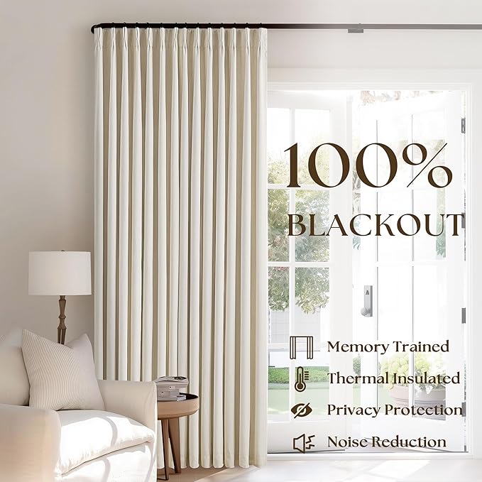 Cream Beige Pinch Pleated 120 Inch Curtains High Ceiling Linen Curtains | 100% Blackout Heat Insulated, for Living Room Bedroom Large Window, Pinch Pleat Back Tab, Bohemian Cottage, 2 Panels Set