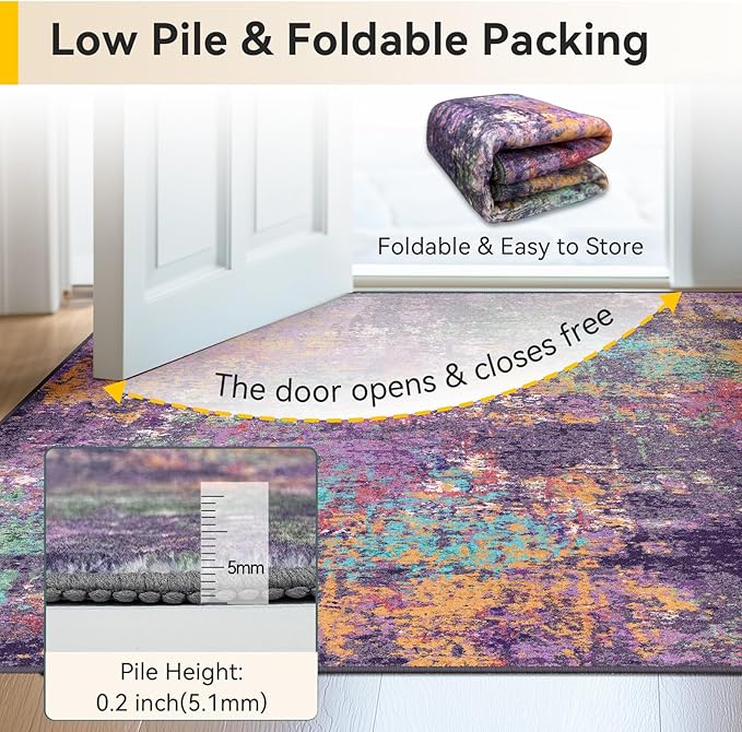 RELEANY Washable 6'x9' Abstract Area Rug for Living Room Purple Multi | Carpet for Bedroom, Kitchen, Office, Hallway and Entryway, Printed Pattern, Non‑Slip, Soft, Stain‑Resistant, Easy to Clean