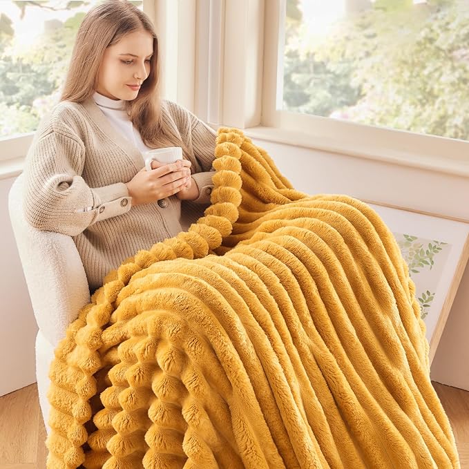 NEWCOSPLAY Fleece Ribbed Cozy Twin Blanket for Couch, Yellow, 60"x80" | Premium Silky Flannel Blanket, Soft Lightweight Fluffy Throw Blanket for Bed Sofa Decor, Gift for All Season Use