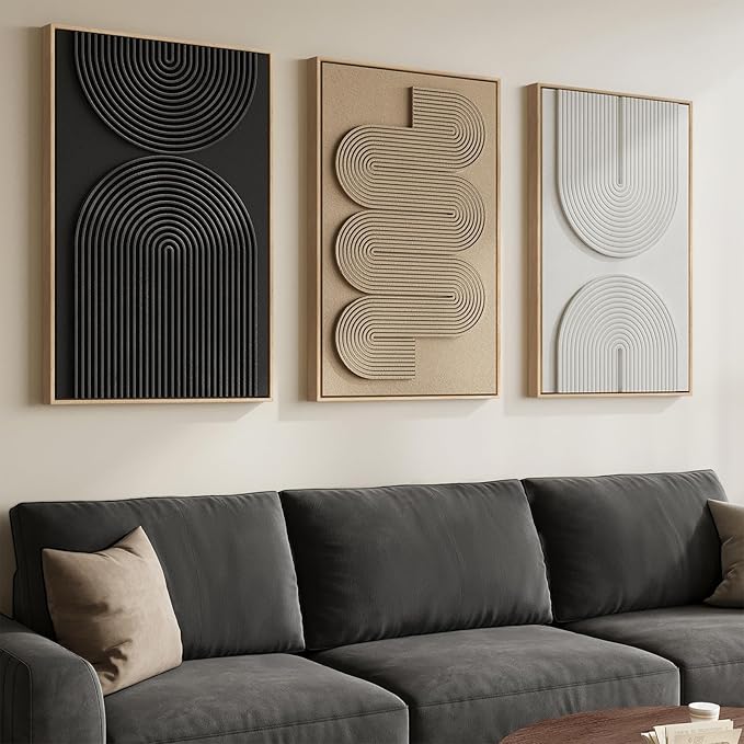 3D Textured Large Framed Boho Neutral Abstract Wall Art Set of 3, 20x30 In | Solid wood frames, raised sculptural lines, black white and beige palette, decorations for living room dining room bedroom