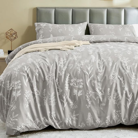 MUXHOMO Duvet Cover King Size, Reversible Floral Silver Gray Duvet Cover Set with Zipper Closure, 3 Pieces Botanical Patterns Soft Microfiber Bedding Set with 4 Ties (90"x104", 2 Pillow Cases)