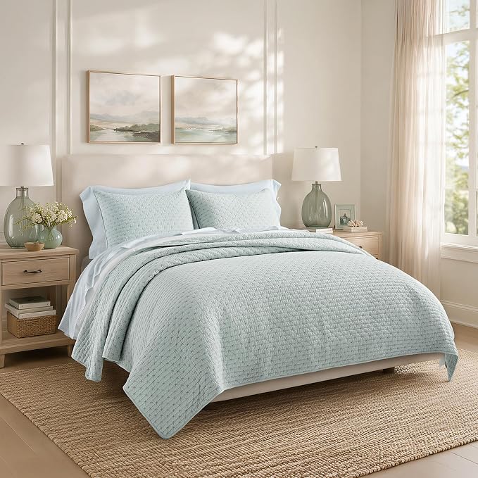 100% Cotton Cross Stitch 3-Piece Quilt Set, Queen, Seafoam Aqua | 100% Cotton, Elegant Cross Stitch, Soft & Breathable, Prewashed Softness, Oversized Design, OEKO-TEX® Certified