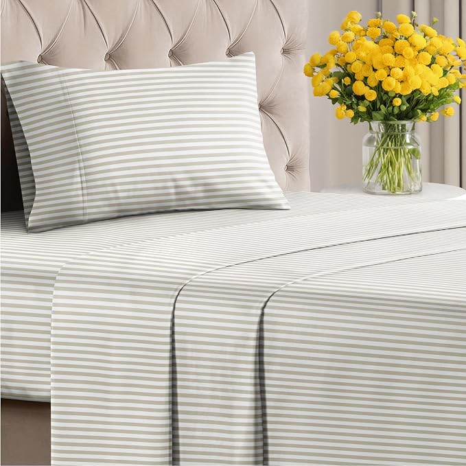 Twin 3 Piece Striped Sheet Set - Breathable & Cooling - Grey Pinstripes | 1 Flat, 1 Fitted & 1 Pillowcase w/ Deep Pockets, Luxury Striped Bedding, Soft, Breathable & Cooling, Wrinkle & Fade Free