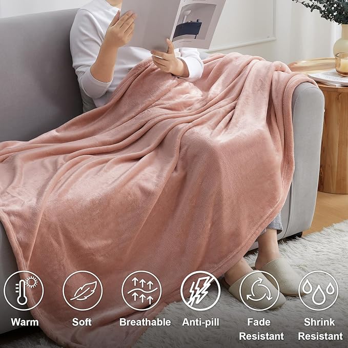 Hansleep Queen Dusty Pink Fleece Blanket, Soft Flannel Bed Blanket | Fuzzy Cozy Blanket 90x90 Inches, Multi-use for Bed, Sofa, Couch, Travel, Camping, All Season Warm Lightweight Cover