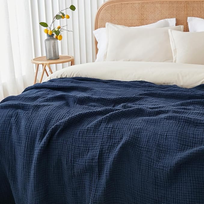 EMME Muslin Blankets for Adults Throw Blanket for Couch Breathable Gauze Soft Lightweight Airy Navy Queen 90" x 90"