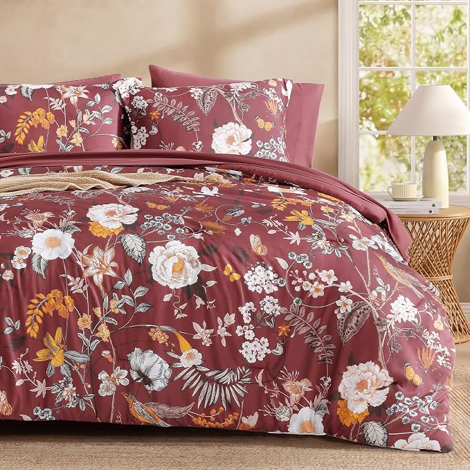 King Size Comforter Set - 7 Pieces Red Floral Bed in a Bag King Bedding Set | All Season Botanical Flowers Comforter Set with Sheets, Pillowcases & Shams
