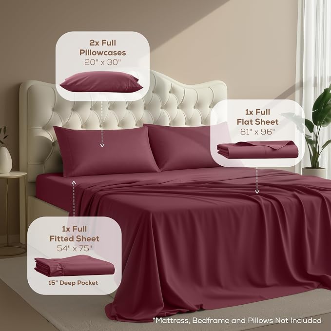 Full Sheets Set, 4 Pieces 16" Deep Pocket Hotel Luxury Bed Sheets, Burgundy | Extra Soft Bedsheet Set, Comfy & Breathable Cooling Sheets, Wrinkle & Fade Resistant, Fitted Sheet, Flat Sheet, 2 Pillowcases
