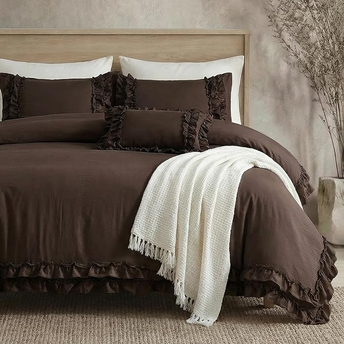 Dark Brown Duvet Cover Set Elegant Ruffled Bedding King Shabby Chic Lace Ruffle Boho Bedroom Decor Vintage Boho Style Chocolate Duvet Cover with Pillowcases