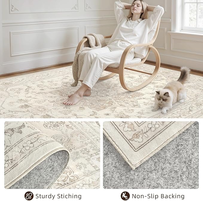 8x10 Area Rugs Living Room: Bedroom Washable Carpet Beige White | Vintage Boho Soft Small Indoor Decor Floor Non-Slip Low Pile Neutral Farmhouse Entryway Laundry Bathroom Bedroom Beside Rugs