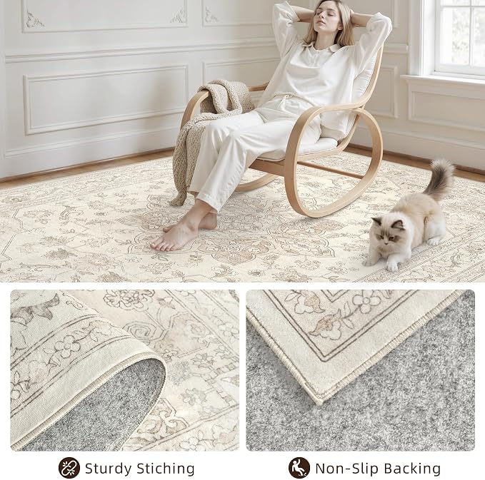 Area Rugs 9x12 Living Room: Bedroom Washable Carpet Beige White | Vintage Boho Soft Small Indoor Decor Floor Non-Slip Low Pile Neutral Farmhouse Entryway Laundry Bathroom Bedroom Beside Rugs