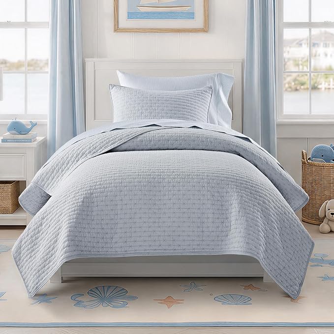 100% Cotton Cross Stitch Quilt Set, Twin, Powder Blue | 100% Cotton, Elegant Cross Stitch, Soft & Breathable, Prewashed Softness, Oversized Design, OEKO-TEX® Certified