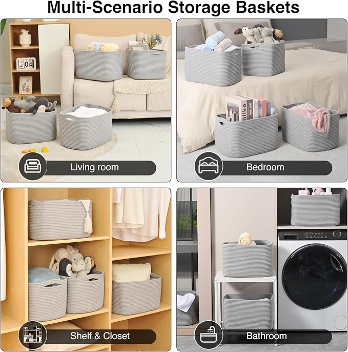 ICERZCZ Storage Baskets for Organizing & Shelves, Woven Cotton Rope Organization Bins for Dog Toys, Clothes, Books, Nursery Organizer, 15"Lx11"Wx9.5"H, (4 Packs) Grey