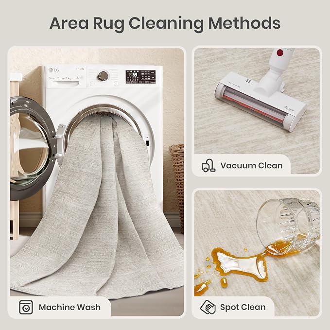 Round Rugs 6ft, Circle Washable Area Rugs for Living Room, Beige | Soft Low Pile, Thin & Lighweight Non Slip Carpet, Folable Stain Resistant Modern Indoor Floor Mat for Bedroom, Dining Room
