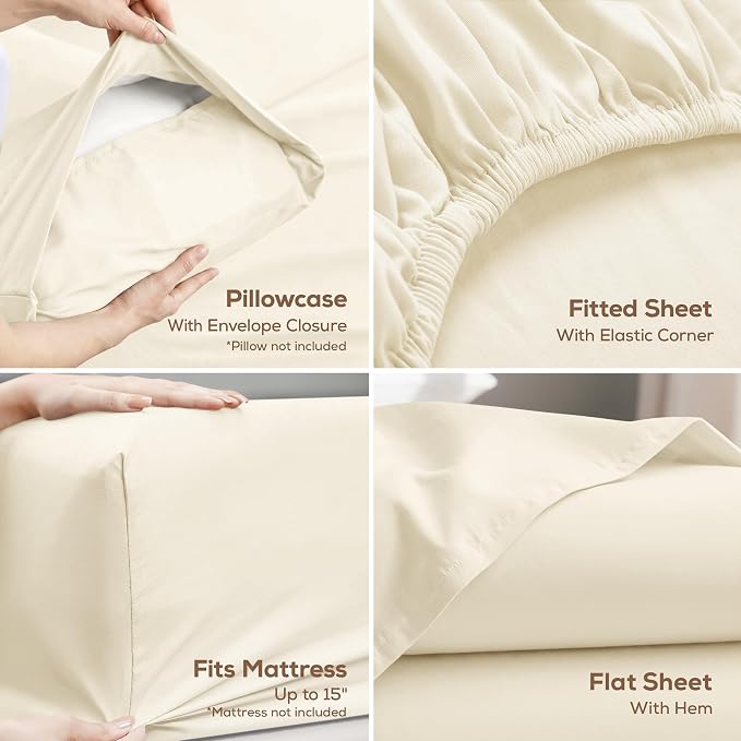 California King Sheets Set, 4 Pieces 16" Deep Pocket Bed Sheets, Ivory | Extra Soft Bedsheet Set, Comfy & Breathable Cooling Sheets, Wrinkle & Fade Resistant, Fitted Sheet, Flat Sheet, 2 Pillowcases