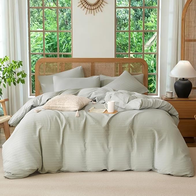 Queen Size Comforter Set Striped Sage Green Luxury Washed Microfiber Jacquard 3 Pieces Bedding, Sage Green Vertical Ticking Stripes Comforter with 2 Pillowcases Soft Breathable Durable Comfy