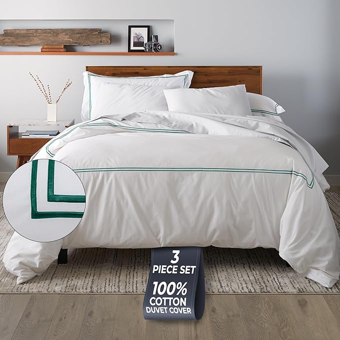Ella Jayne Queen Duvet Cover 100% Cotton Percale Soft Set Dark Green 3 Pcs | Duvet Cover Queen | Soft Cotton Percale | 90 x 90 Inch Cover | Includes 2 Matching Pillow Shams | Dark Green