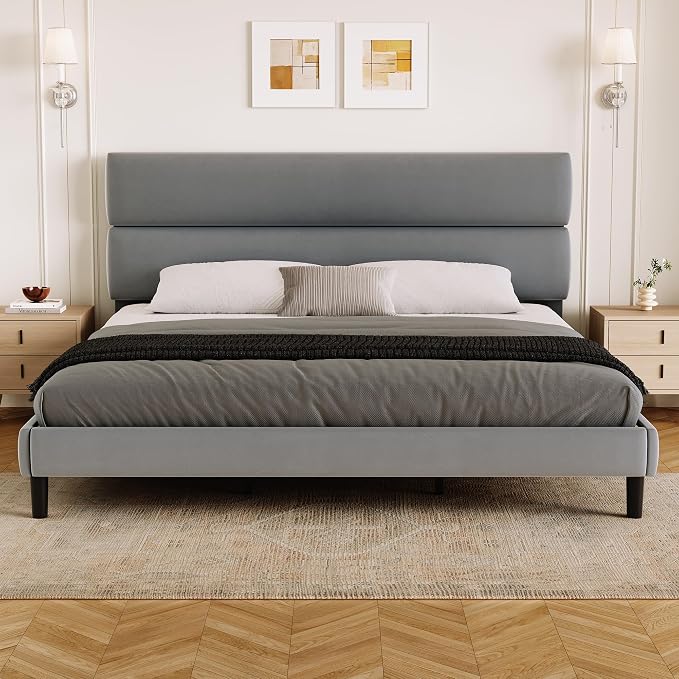 GRUSIGN King Size Platform Bed Frame with Velvet Headboard, Adjustable Height Wooden Slats Support, Upholstered Mattress Foundation, Fits Mattress or Mattress with Box Spring, Easy Assembly, Grey