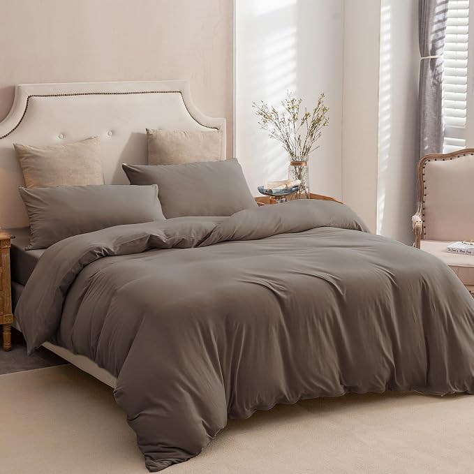 PURE ERA Jersey Knit Sheet Set Solid Brown California King | 100% Cotton, 3 Piece Set, T Shirt Soft, Breathable, Envelope Closure Pillowcases, Hidden Zipper, 8 Ties, No Insert, Modern