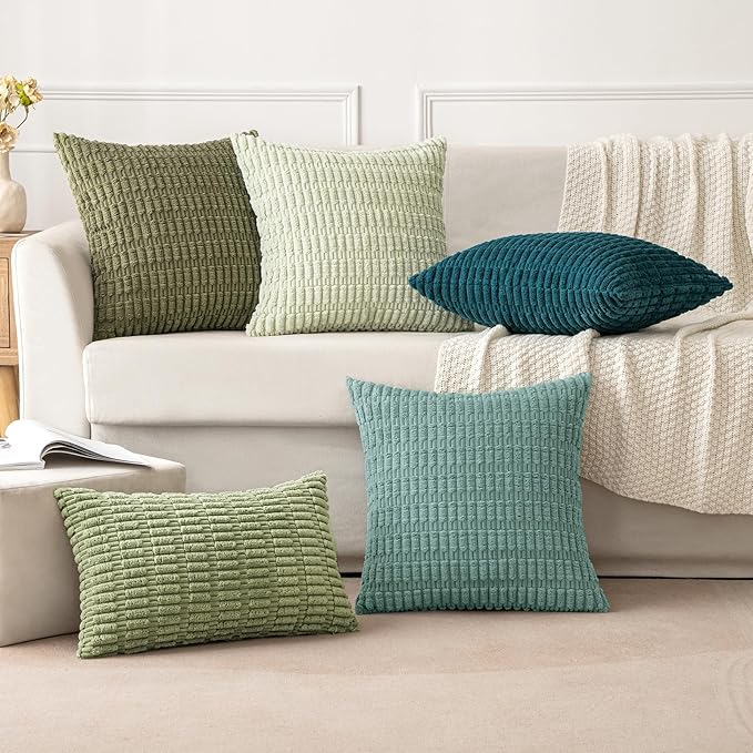 MIULEE Corduroy Decorative Throw Pillow Covers 20x20 Teal Green Pack of 2 | Soft Boho Striped Pillow Covers Modern Farmhouse Home Decor For Sofa Living Room Couch Bed
