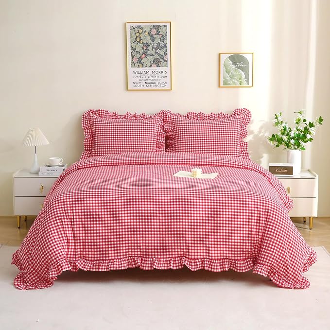 Silnuo Red/White Gingham Plaid Ruffle 3-Piece Duvet Cover Set Queen Size | 100% Washed Cotton Shabby Checkered Bedding Set Farmhouse Comforter Cover Set(Queen,Red)