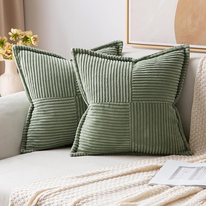 MIULEE Decorative Throw Pillow Covers for Couch 16x16 Light Olive Green | 2 Pack, Boho Broadside Striped Patchwork Pillow Covers, Soft Corduroy Cushion Cases, For Sofa Bed Livingroom Home Decor