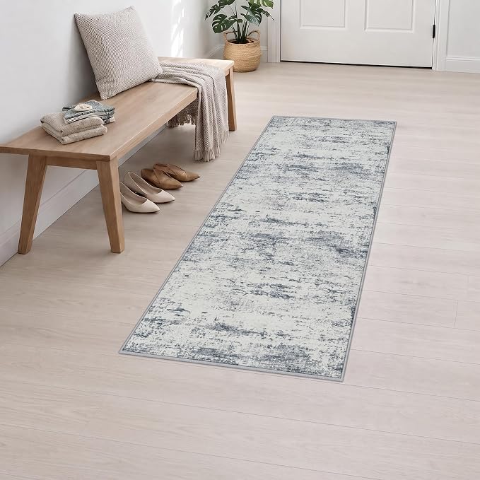 2x6 Washable Runner Rug：Modern Abstract Soft Carpet Blue Grey | For Hallway, Bedroom, Kitchen, Laundry, Bathroom,Door Mat,Modern Abstract,Machine washable,Non-Slip,Stain Resistant,Indoor