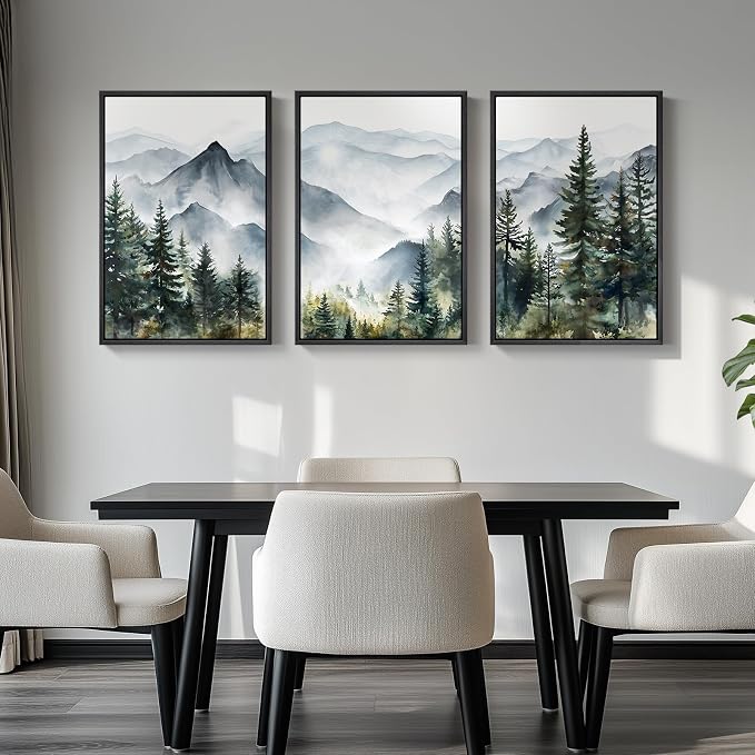 Large Framed Landscape Wall Art for Living Room, Mountain Print, 24x36 Inch | 3 piece, Modern, Nature, Forest picture, Green, Foggy scenery, Living room decor, Hallway art, Ready to hang, Wood frame