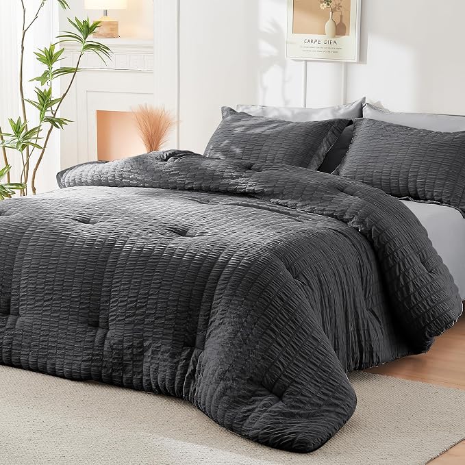 HYMOKEGE Dark Grey/Light Grey Oversized King Comforter Set Seersucker 7 Pieces, All Season Luxury Bed in a Bag for Bedroom, Bedding Set with Comforter, Sheets, Pillowcases & Shams