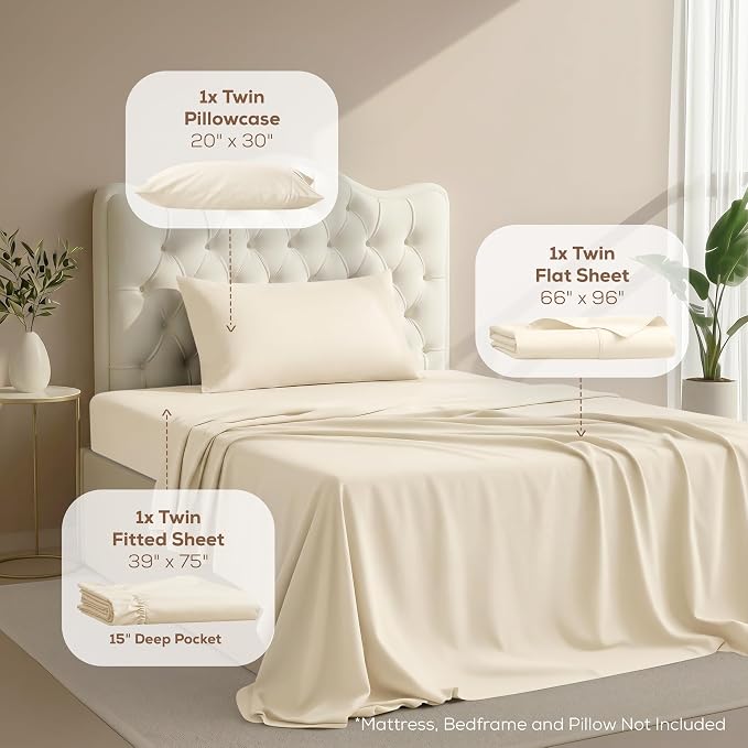 Twin Sheets Set, 3 Pieces 16" Deep Pocket Hotel Luxury Bed Sheets, Ivory | Extra Soft Bedsheet Set, Comfy & Breathable Cooling Sheets, Wrinkle & Fade Resistant, Fitted Sheet, Flat Sheet, 1 Pillowcase