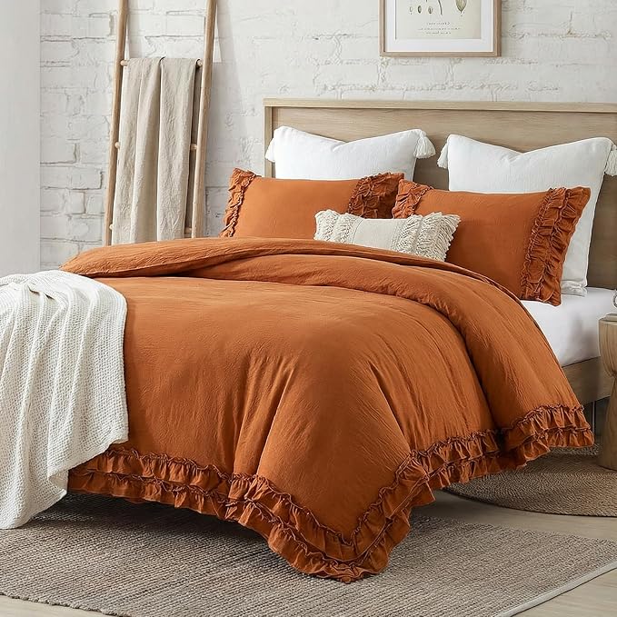 Bedorm Ruffled Queen Duvet Cover Burnt Orange Bedding Set Rust Lace Ruffle Boho Chic Bedroom Decor Super Soft Breathable Pumpkin Duvet Cover Set French Country Style