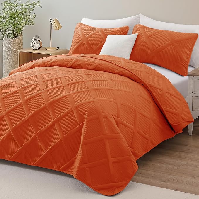 Exclusivo Mezcla Quilt King Size, Burnt Orange | Soft Bedspreads with 2 Pillow Shams, Modern Striped Pattern, Lightweight Bedding Set Coverlets for All Seasons, 104x96 Inch
