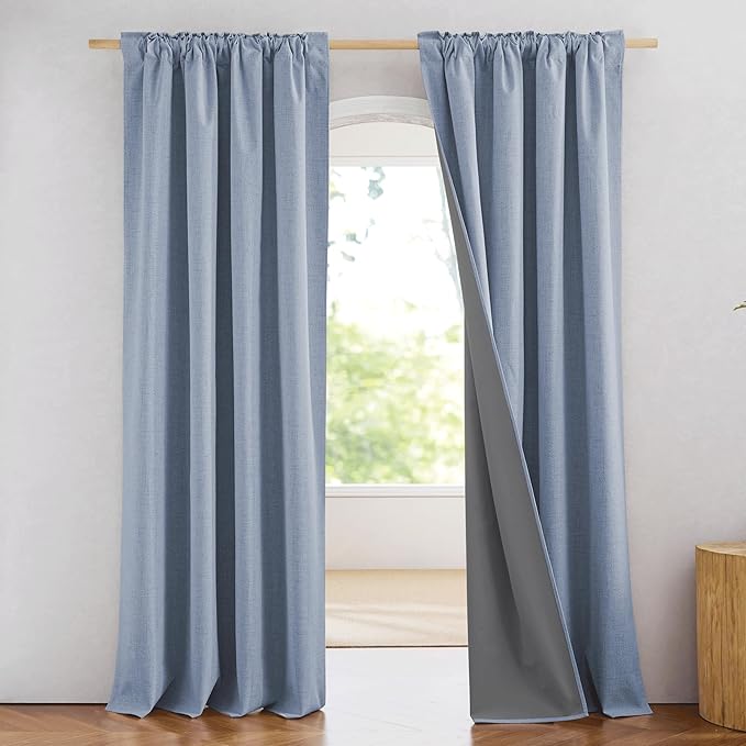 NICETOWN 100% Blackout Linen Curtains 84 inch Long 2 Panels, Stone Blue | Vintage Living Room Curtains Thermal Insulated, Noise Reducing, Privacy Protection, Farmhouse Style, W52" x L84" per Panel