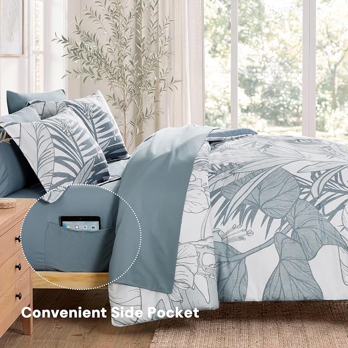 Queen Comforter Set - 7 Pieces Blue Jungle Bed in a Bag Queen Bedding Sets | All Season Botanical Tropical Palm Leaf Comforter Set with Sheets, Pillowcases & Shams