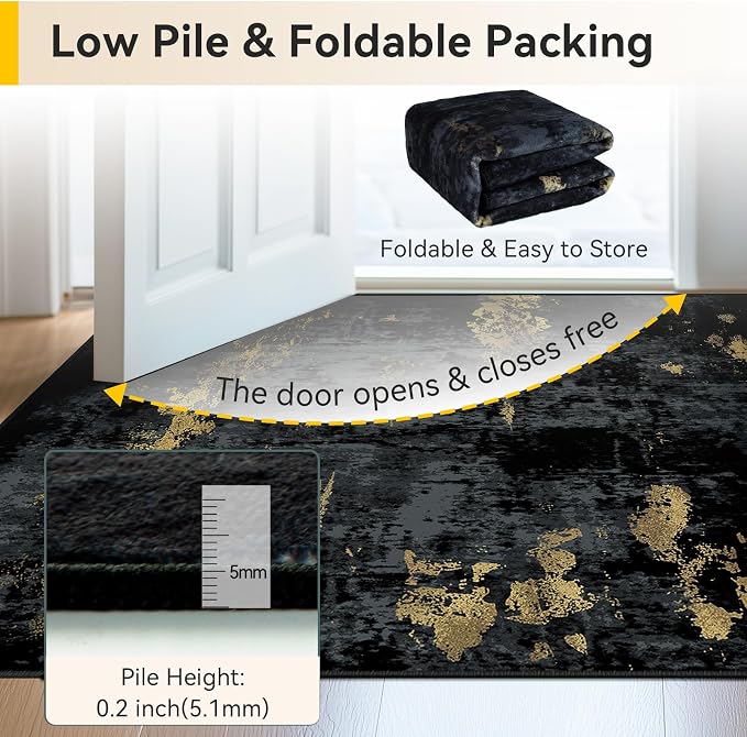 RELEANY Washable 8'x10' Abstract Area Rug for Living Room Black Gold | Carpet for Bedroom, Kitchen, Office, Hallway and Entryway, Printed Pattern, Non‑Slip, Soft, Stain‑Resistant, Easy to Clean