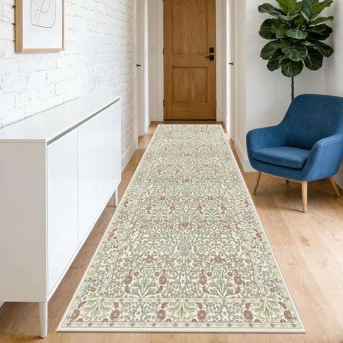 Washable 2' x 6' Runners for Hallways, Non Slip Long Floor Runner for Kitchen, Entryway Indoor, Stain Resistant Rubber Backing Floral Decor Rug (Light Green)