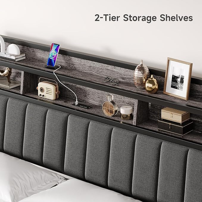 ComfyCorner King Size Headboard with Storage & LED Light, Black & Grey | Upholstered Ergonomic Head Board with Power Outlets & 2-Tier Storage, King Headboard Only, Bed Frame Mounting, Heavy Duty