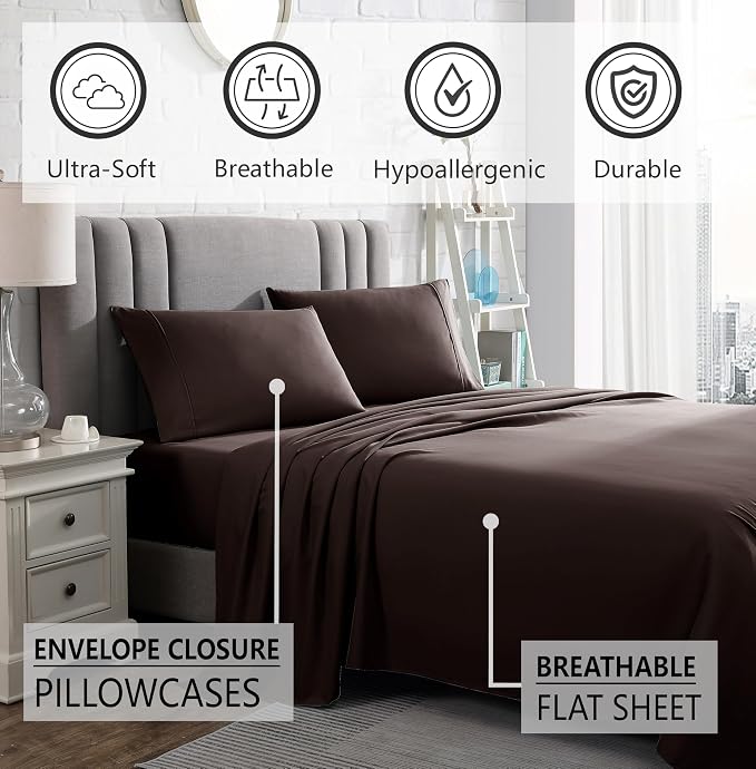 American Home Collection Twin XL Sheet Set - Ultra-Soft Microfiber 15-Inch Deep Pocket - College Dorm Bed Sheets, Wrinkle Free (Brown)