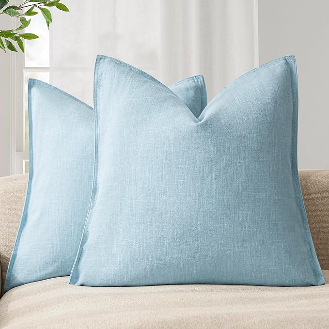Foindtower Linen Solid Decorative Throw Pillow Covers 22x22 Inch Light Blue | Pack of 2 Boho Farmhouse Morden Pillowcase,Accent Rustic Cushion Covers,Home Decor for Chair Couch Sofa Bedroom Living Room