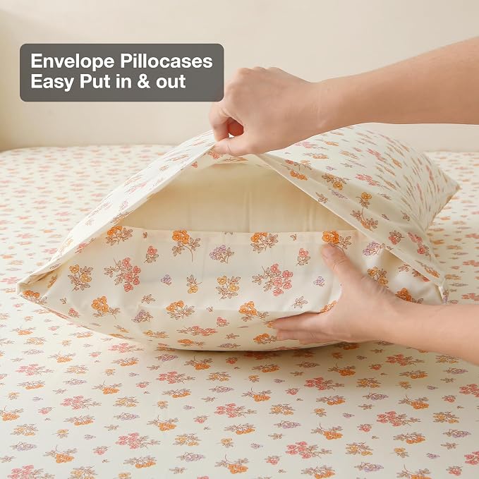 Viviland Floral King Sheet Set - 4 Piece Vintage Lavender Flower and Leaves Patterned Bed Sheets - Soft, Breathable Microfiber Sheets with Deep Pocket, Non-Slip Fitted Sheets & Pillowcases