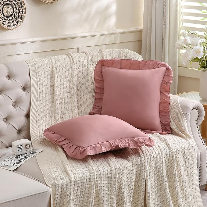 Merryword Pink Mocha Pillowcases 18x18 Throw Pillow Covers Pack of 2 Soft Microfiber Ruffle Decorative Pillowcase Cushion for Couch Sofa Bedroom