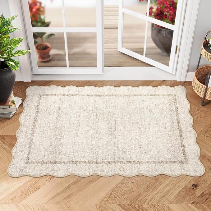 GarveeHome Scalloped Washable Rug 2x3 Kitchen Rugs for Entryway, Beige | Soft Door Mat Indoor Entrance Ultra-Thin, Small Non-Slip Throw Carpet for Bathroom Bedroom Entry Laundry, Beige