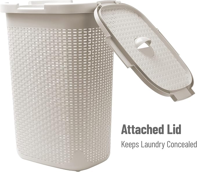 Mind Reader Tall Tapered Laundry Hamper with Lid, 60L Clothes Basket, Narrow Base Design for Bathrooms, Closets and Laundry Rooms, Plastic, 2 Pack, Ivory