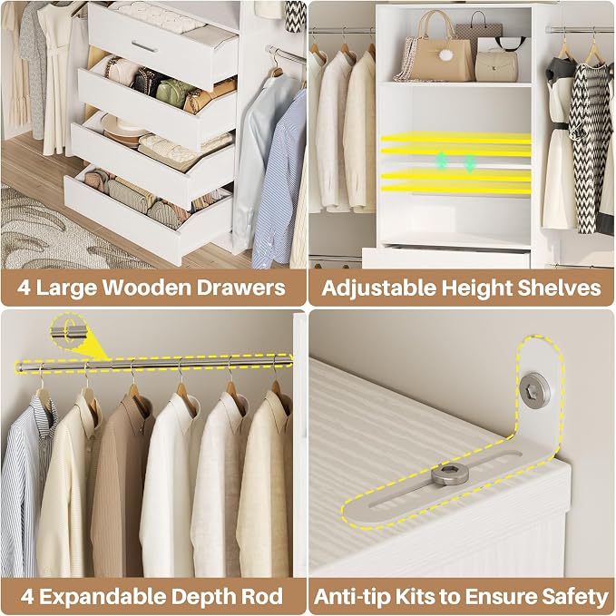 Aheaplus Closet System, 4-9Ft Closet Organizer with 4 Wooden Drawers, White | Wood Closet Organizer System with Tower, Walk-in Closet Organizer Wardrobe Clothes Rack with 4 Hanging Rods, Garment Rack
