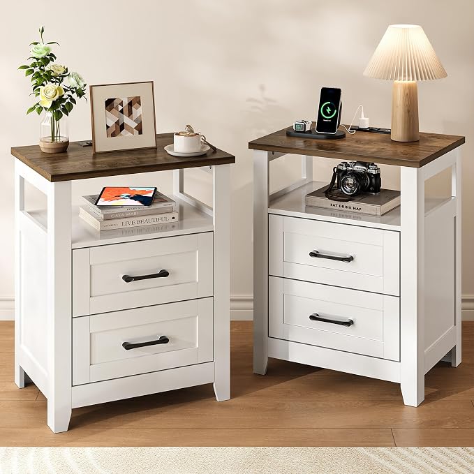 Decofy Farmhouse 2-Drawer Nightstand Set of 2 with Charging Station, White | Open Shelves, AC Outlets, USB And Type C Ports, Rustic Wood Bedside Tables, Storage For Small Items
